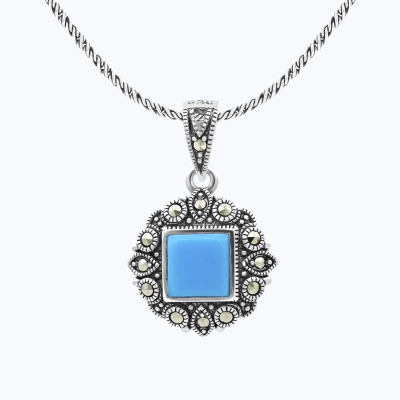 Sterling Silver 925 Pendant Embedded With Natural Processed Turquoise And Marcasite Stones