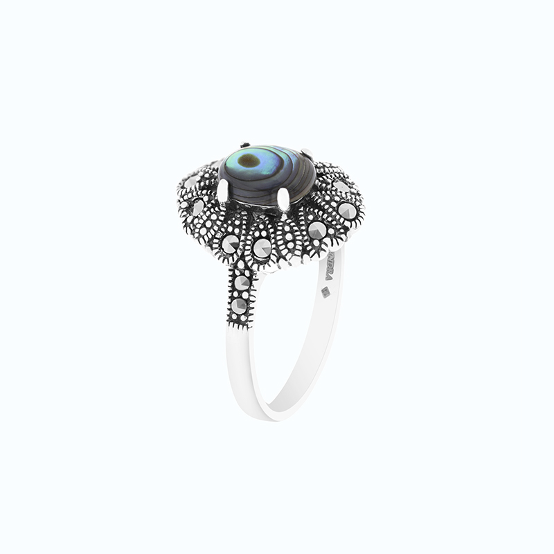 Sterling Silver 925 Ring Embedded With Natural Blue Shell And Marcasite Stones