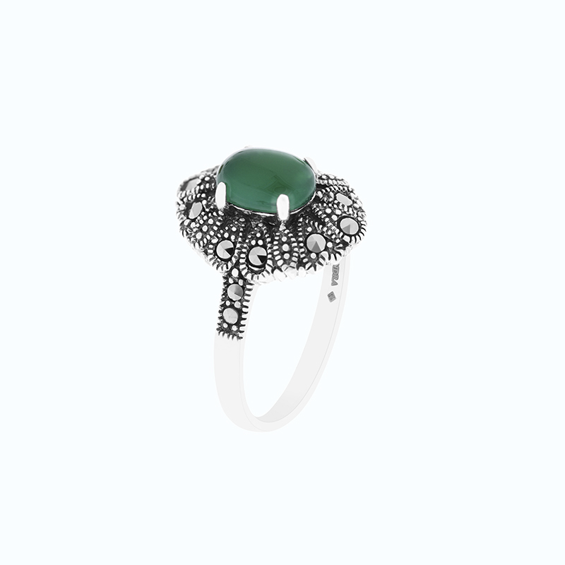 Sterling Silver 925 Ring Embedded With Natural Green Agate And Marcasite Stones