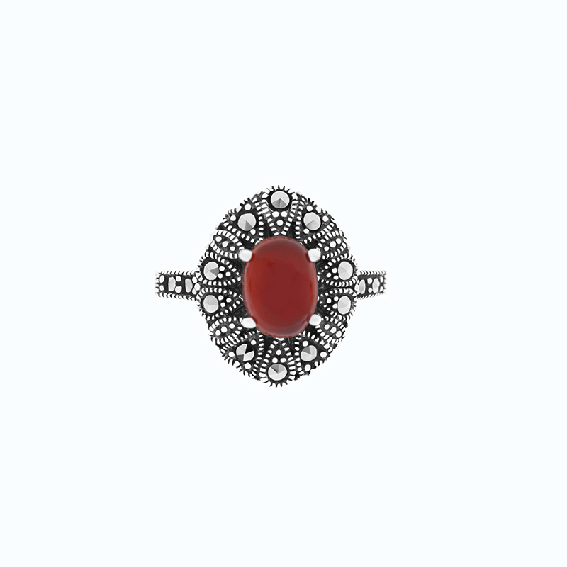 Sterling Silver 925 Ring Embedded With Natural Aqiq And Marcasite Stones