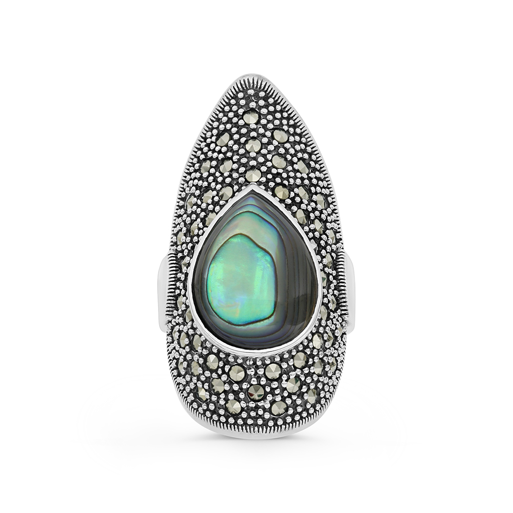 Sterling Silver 925 Ring Embedded With Natural Blue Shell And Marcasite Stones