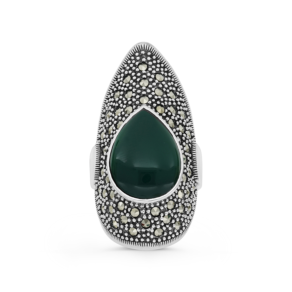 Sterling Silver 925 Ring Embedded With Natural Green Agate And Marcasite Stones