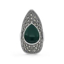 Sterling Silver 925 Ring Embedded With Natural Green Agate And Marcasite Stones