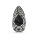 Sterling Silver 925 Ring Embedded With Natural Onxy And Marcasite Stones