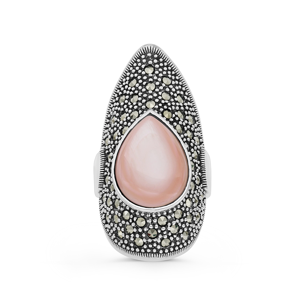 Sterling Silver 925 Ring Embedded With Natural Pink Shell And Marcasite Stones