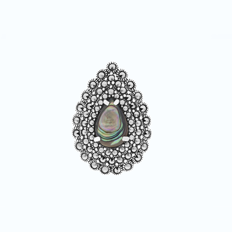 Sterling Silver 925 Ring Embedded With Natural Blue Shell And Marcasite Stones