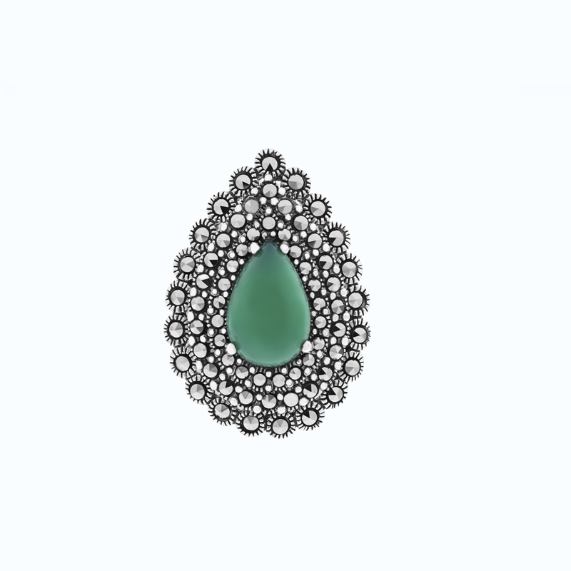 Sterling Silver 925 Ring Embedded With Natural Green Agate And Marcasite Stones