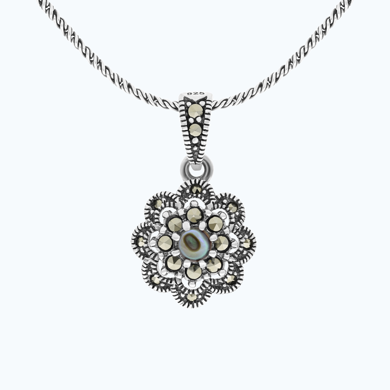 Sterling Silver 925 Pendant Embedded With Natural Blue Shell And Marcasite Stones