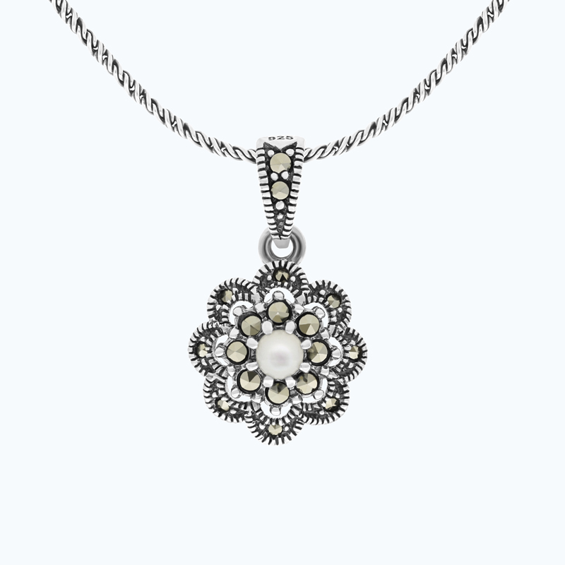 Sterling Silver 925 Pendant Embedded With Natural White Shell And Marcasite Stones