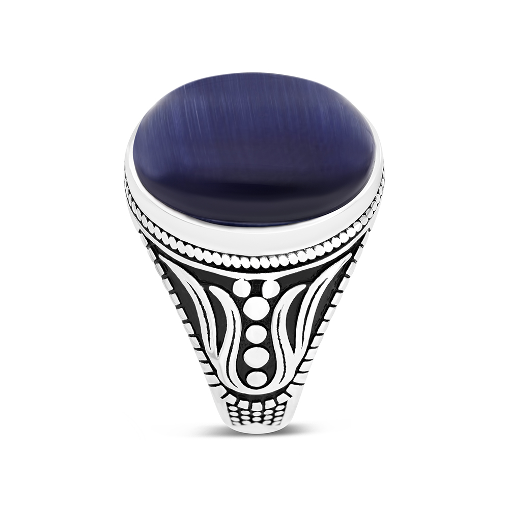 Sterling Silver 925 Ring Rhodium Plated Blue Tiger Eye For Men