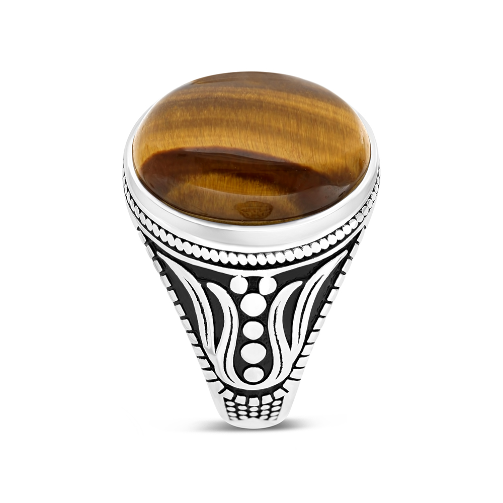 Sterling Silver 925 Ring Rhodium Plated Yellow Tiger Eye For Men