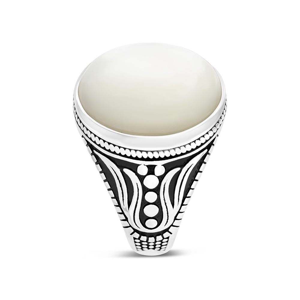 Sterling Silver 925 Ring Rhodium Plated White MOP For Men