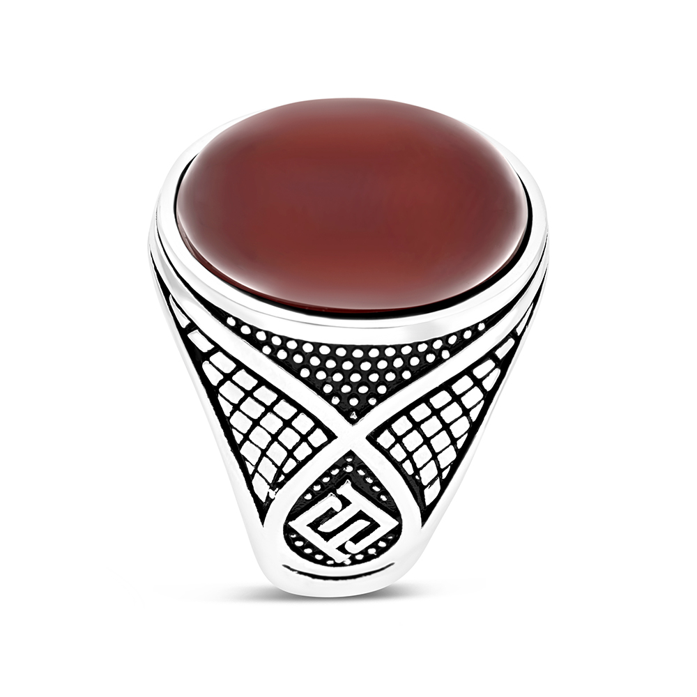 Sterling Silver 925 Ring Rhodium Plated Red Natural Aqiq For Men