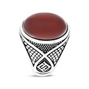 Sterling Silver 925 Ring Rhodium Plated Red Natural Aqiq For Men