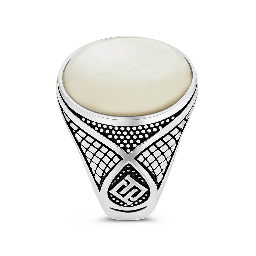 Sterling Silver 925 Ring Rhodium Plated White MOP For Men