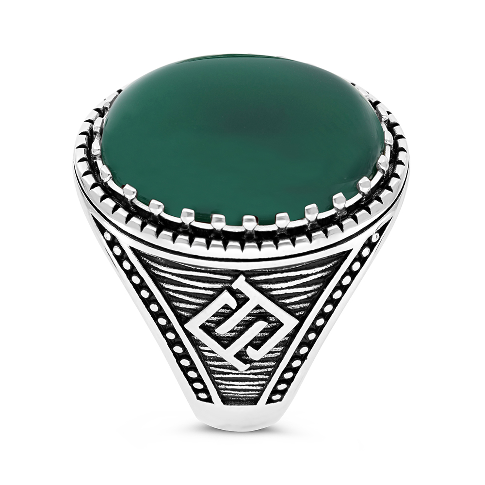 Sterling Silver 925 Ring Rhodium Plated Green Agate For Men