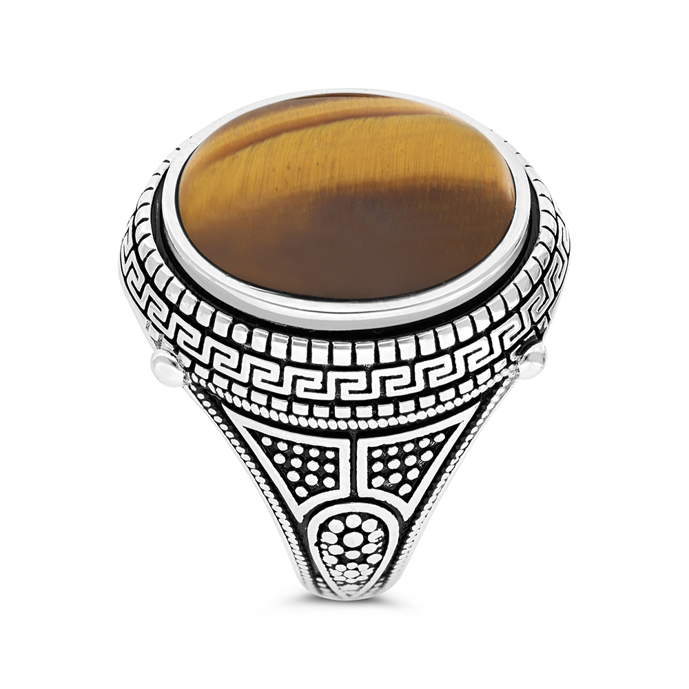 Sterling Silver 925 Ring Rhodium Plated Yellow Tiger Eye For Men