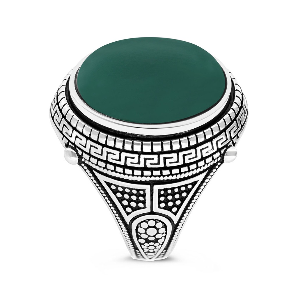 Sterling Silver 925 Ring Rhodium Plated Green Agate For Men