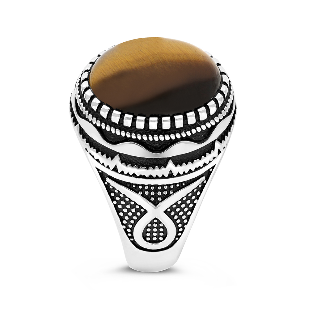 Sterling Silver 925 Ring Rhodium Plated Yellow Tiger Eye For Men