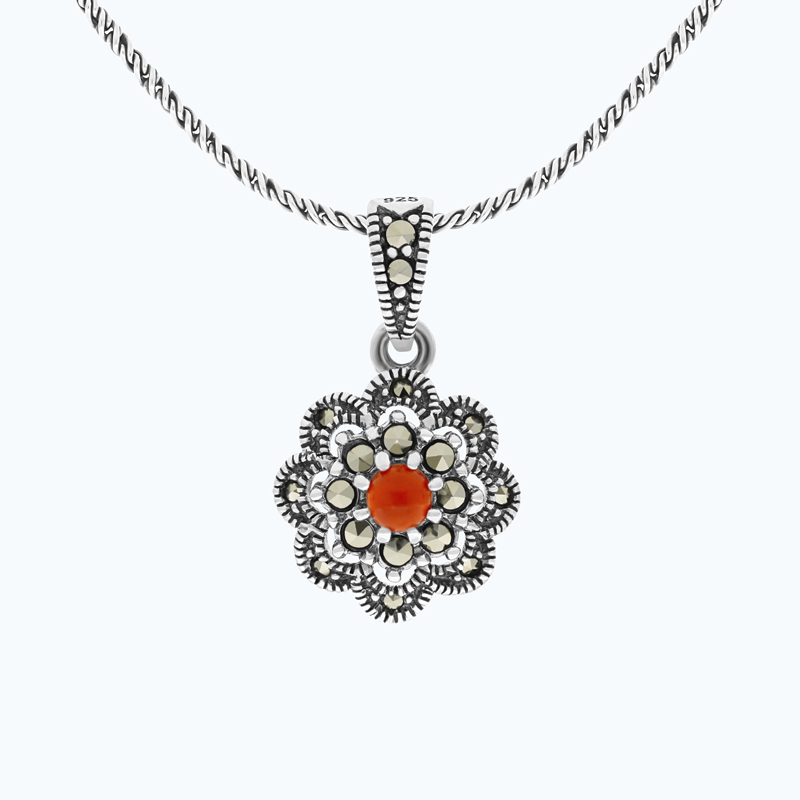 Sterling Silver 925 Pendant Embedded With Natural Aqiq And Marcasite Stones