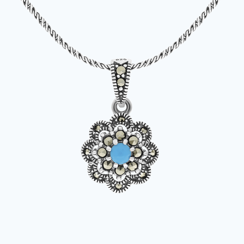 Sterling Silver 925 Pendant Embedded With Natural Processed Turquoise And Marcasite Stones