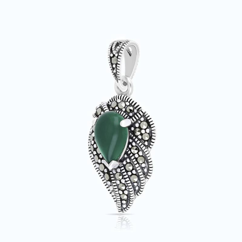 Sterling Silver 925 Pendant Embedded With Natural Green Agate And Marcasite Stones
