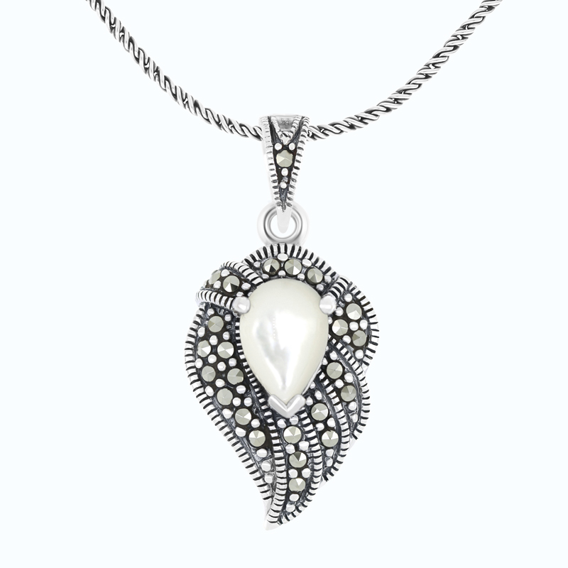 Sterling Silver 925 Pendant Embedded With Natural White Shell And Marcasite Stones
