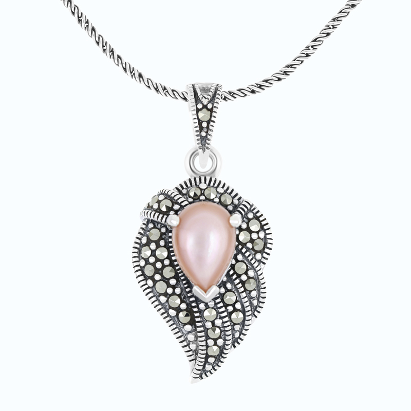 Sterling Silver 925 Pendant Embedded With Natural Pink Shell And Marcasite Stones