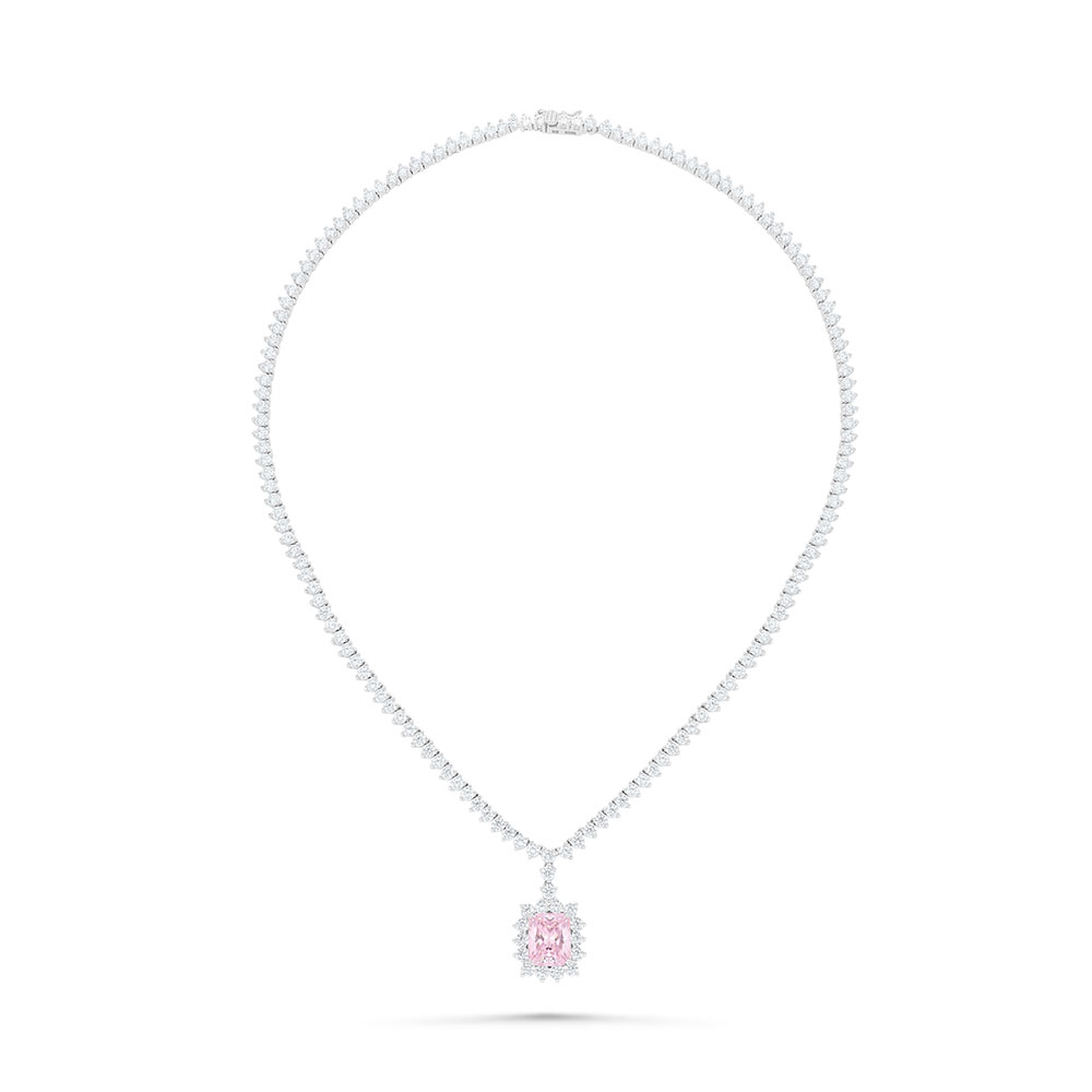 Sterling Silver 925 SET Rhodium Plated Embedded With pink Zircon And White CZ