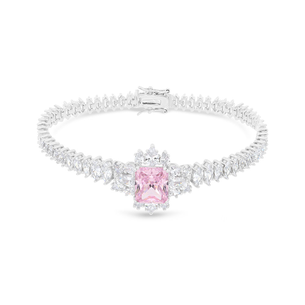 Sterling Silver 925 SET Rhodium Plated Embedded With pink Zircon And White CZ