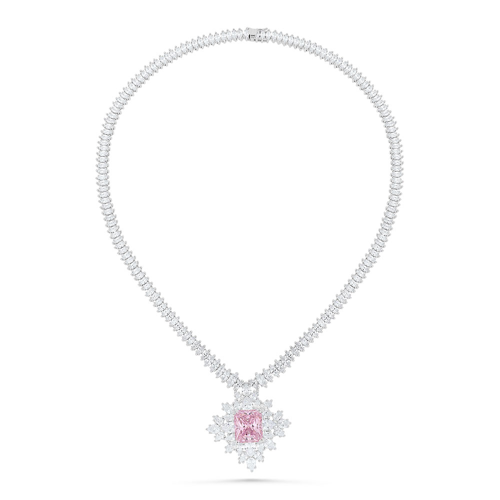 Sterling Silver 925 SET Rhodium Plated Embedded With pink Zircon And White CZ