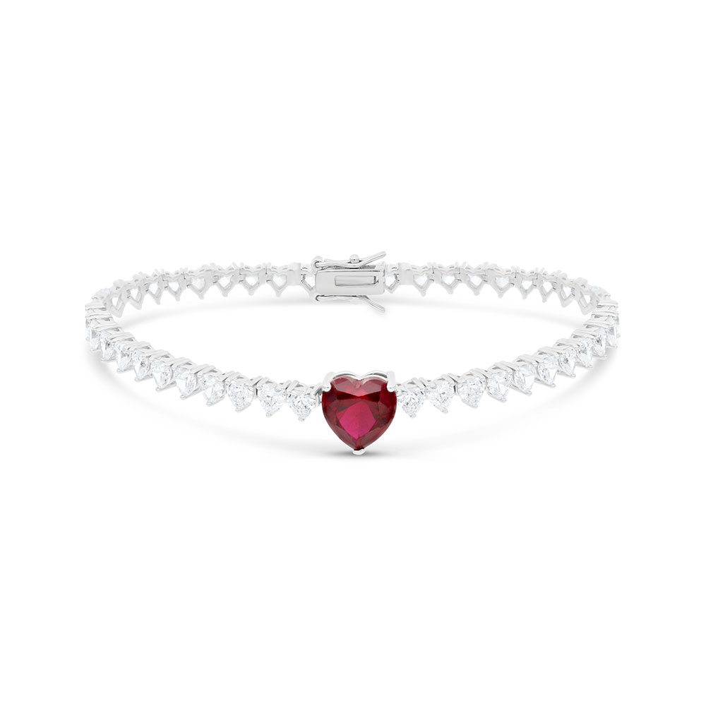 Sterling Silver 925 SET Rhodium Plated Embedded With Ruby Corundum And White CZ