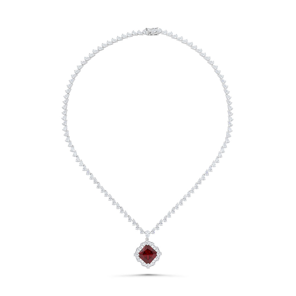 Sterling Silver 925 SET Rhodium Plated Embedded With Ruby Corundum And White CZ