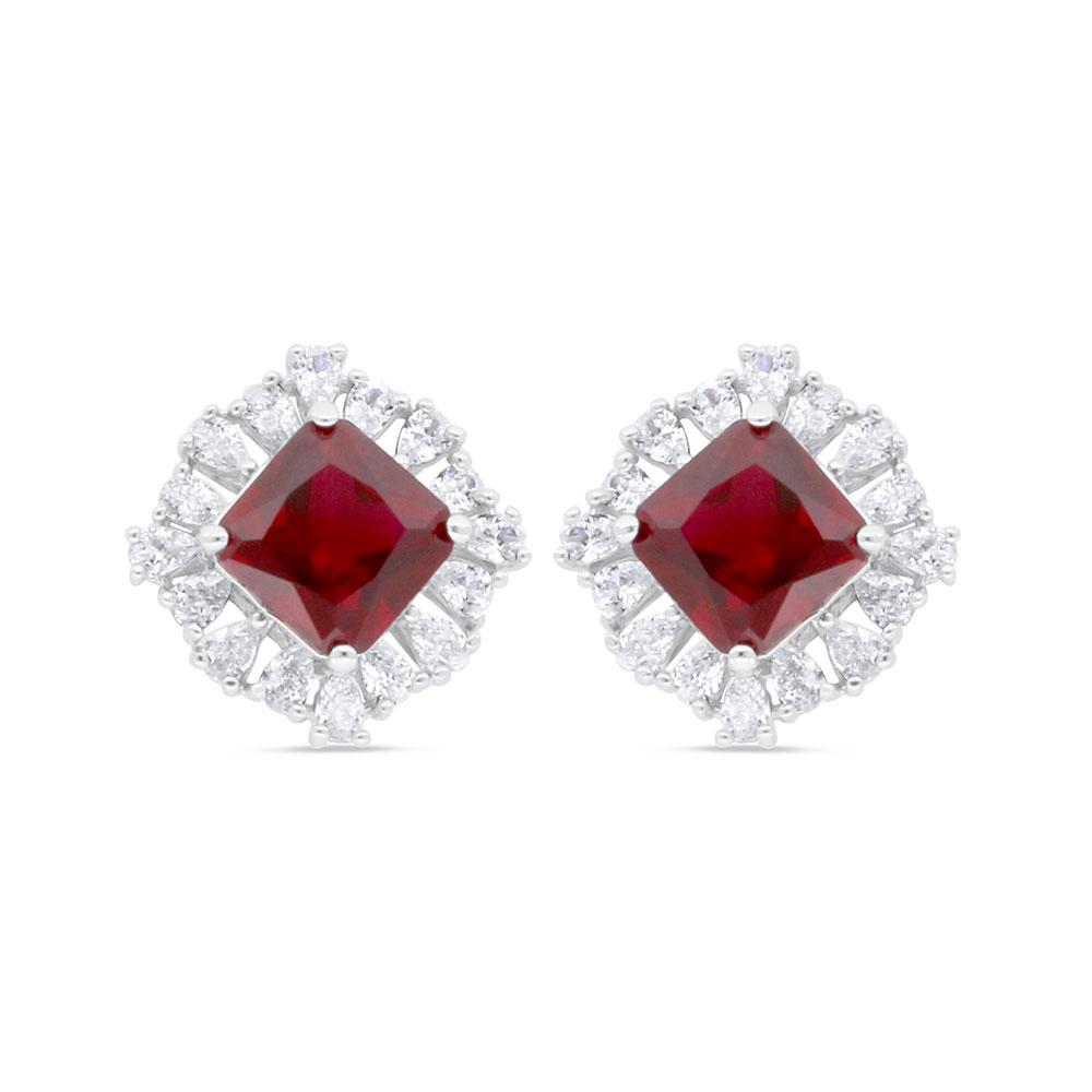 Sterling Silver 925 SET Rhodium Plated Embedded With Ruby Corundum And White CZ