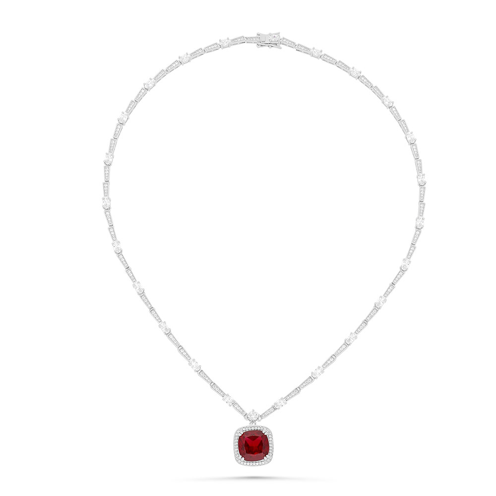 Sterling Silver 925 SET Rhodium Plated Embedded With Ruby Corundum And White CZ