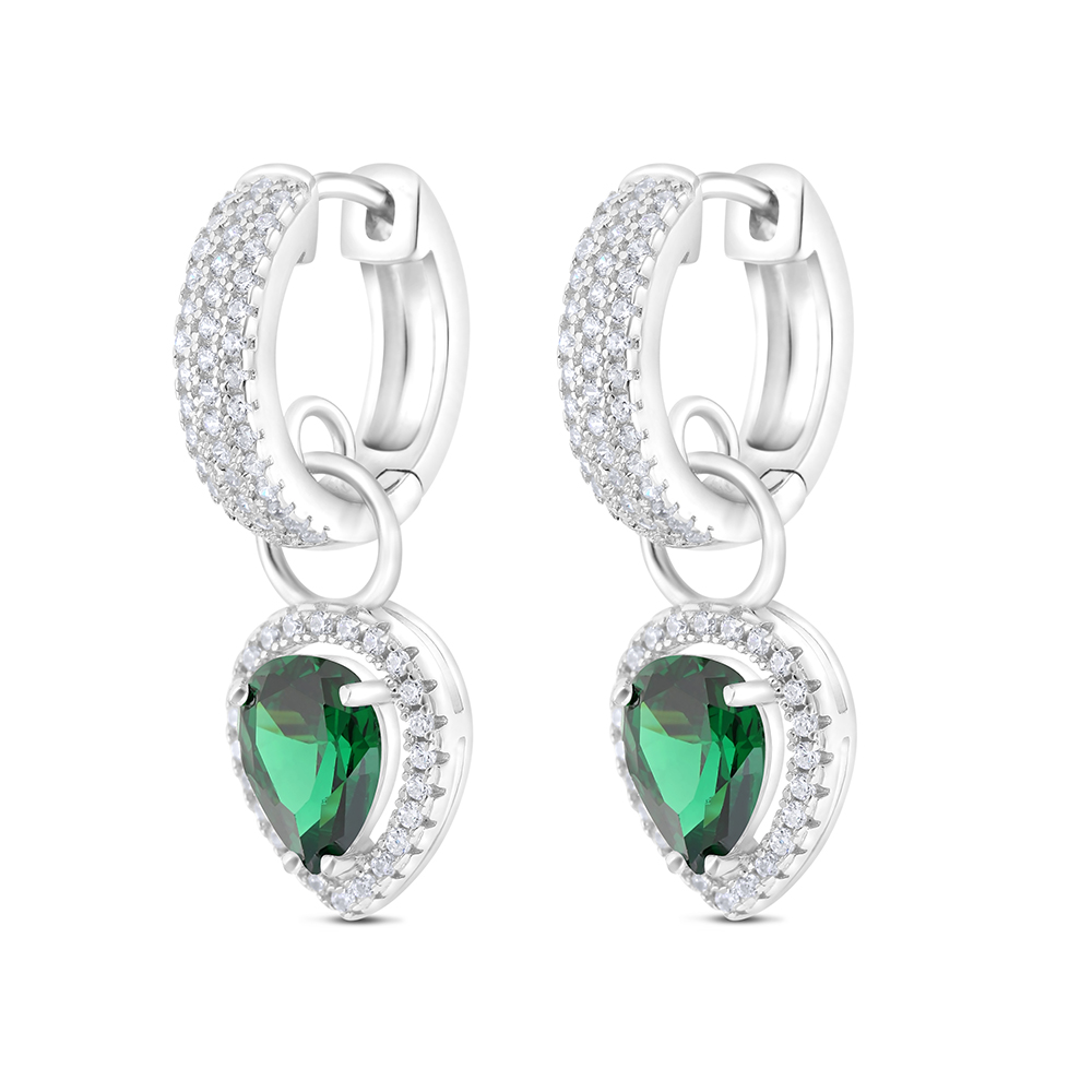 Sterling Silver 925 Earring Rhodium Plated Embedded With Emerald Zircon And White CZ