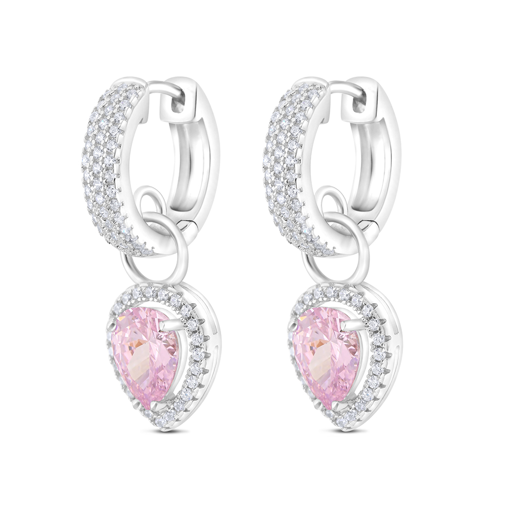 Sterling Silver 925 Earring Rhodium Plated Embedded With Pink Zircon And White CZ