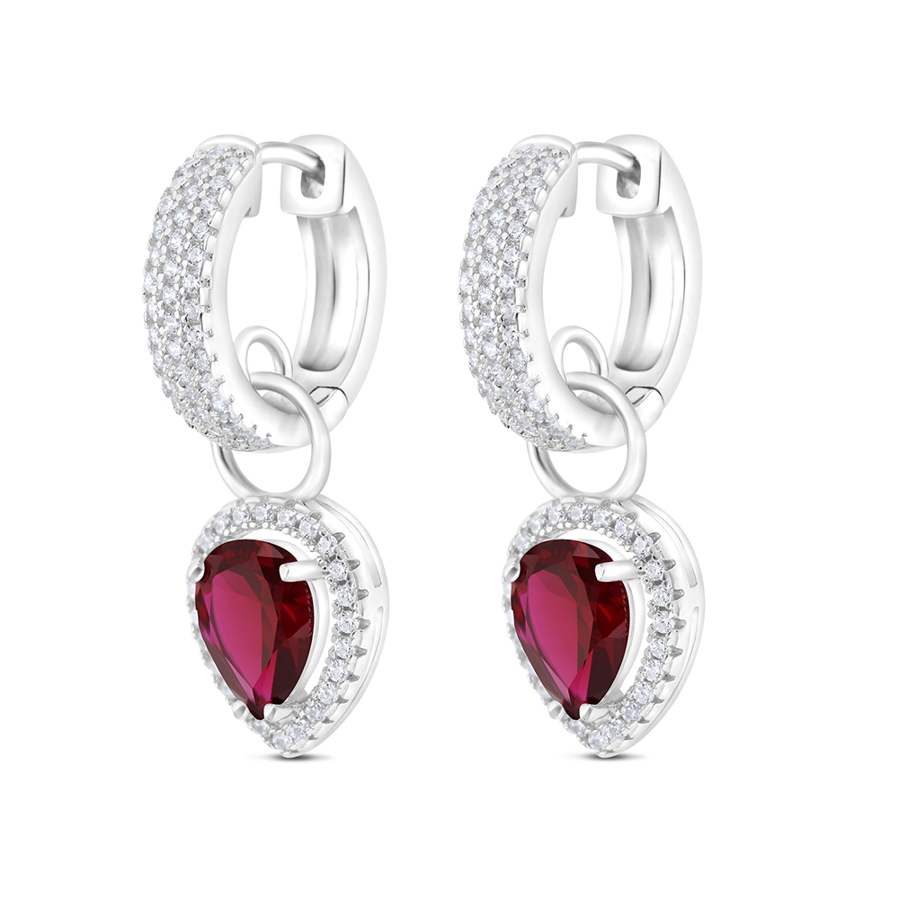 Sterling Silver 925 Earring Rhodium Plated Embedded With Ruby Corundum And White CZ