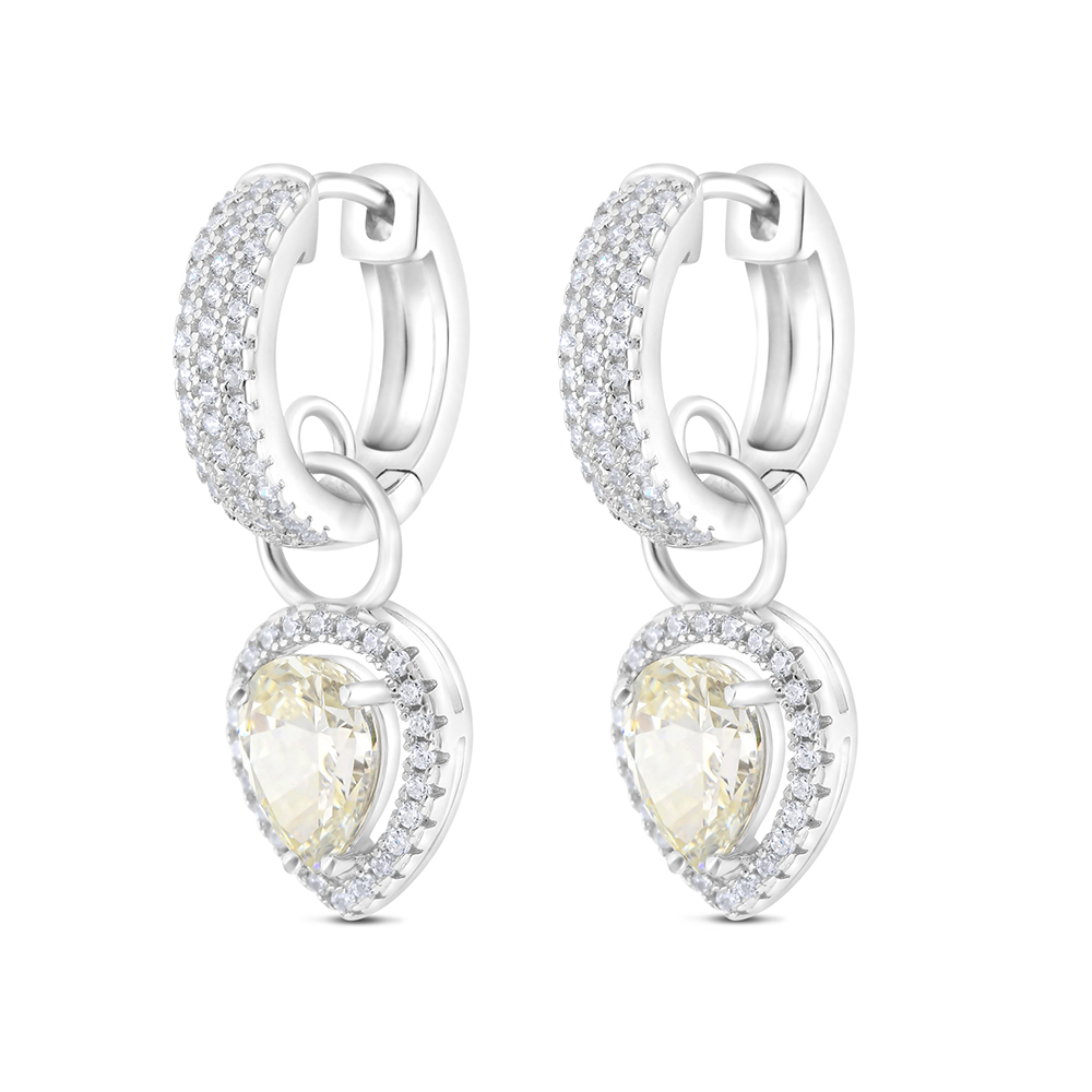 Sterling Silver 925 Earring Rhodium Plated Embedded With Yellow Zircon And White CZ