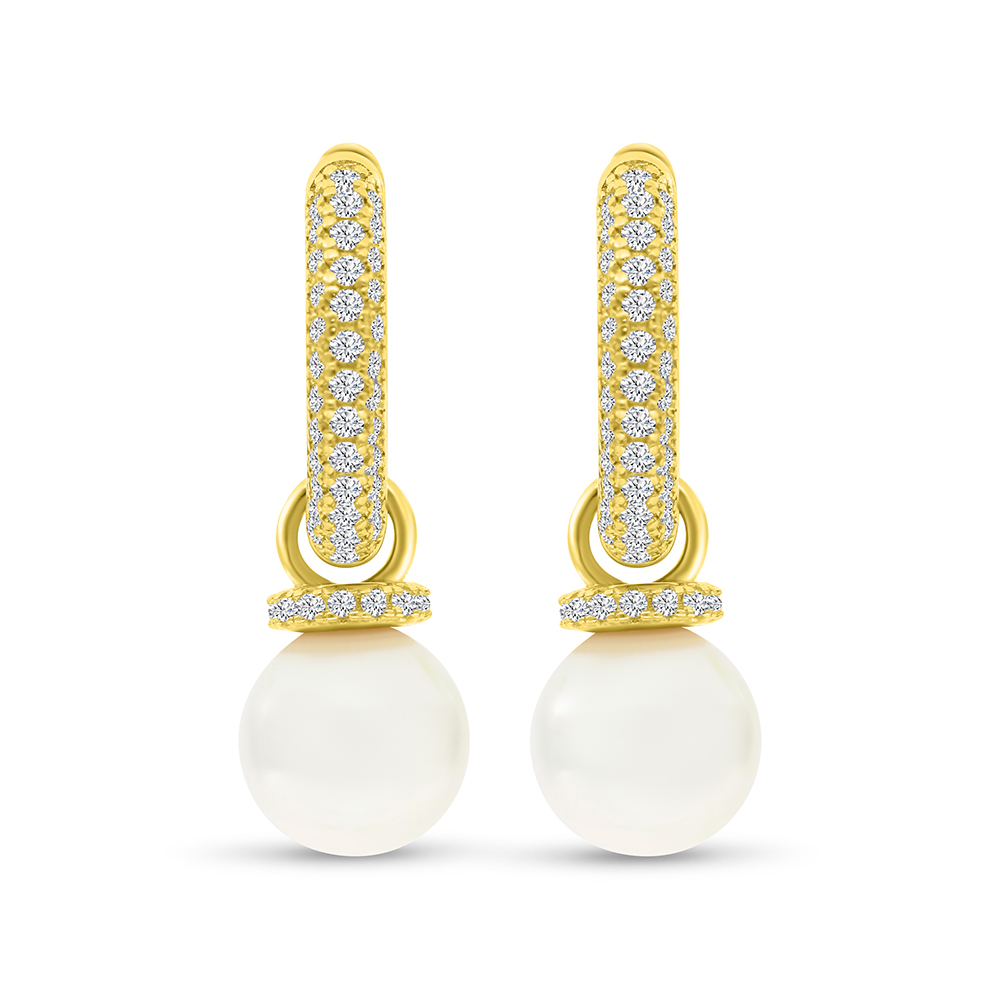 Sterling Silver 925 Earring Gold Plated Embedded With White Shell Pearl And White CZ