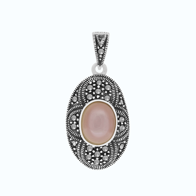 Sterling Silver 925 Pendant Natural Pink Shell Marcasite Stones