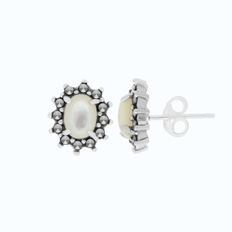 Sterling Silver 925 Earring Natural White Shell Marcasite Stones