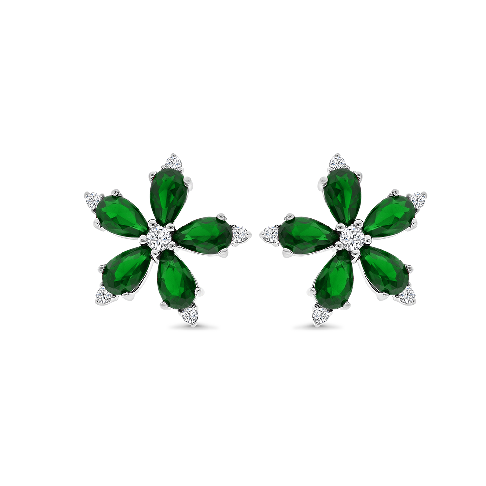 Sterling Silver 925 Earring Rhodium Plated Embedded With Emerald