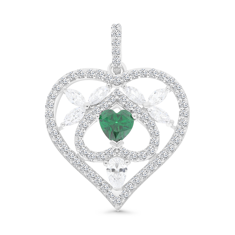 Sterling Silver 925 Pendant Rhodium Plated Embedded With Emerald