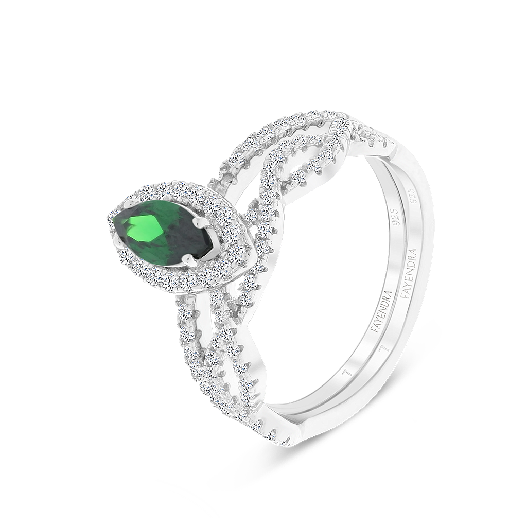 Sterling Silver 925 Ring (Twins) Rhodium Plated Emerald