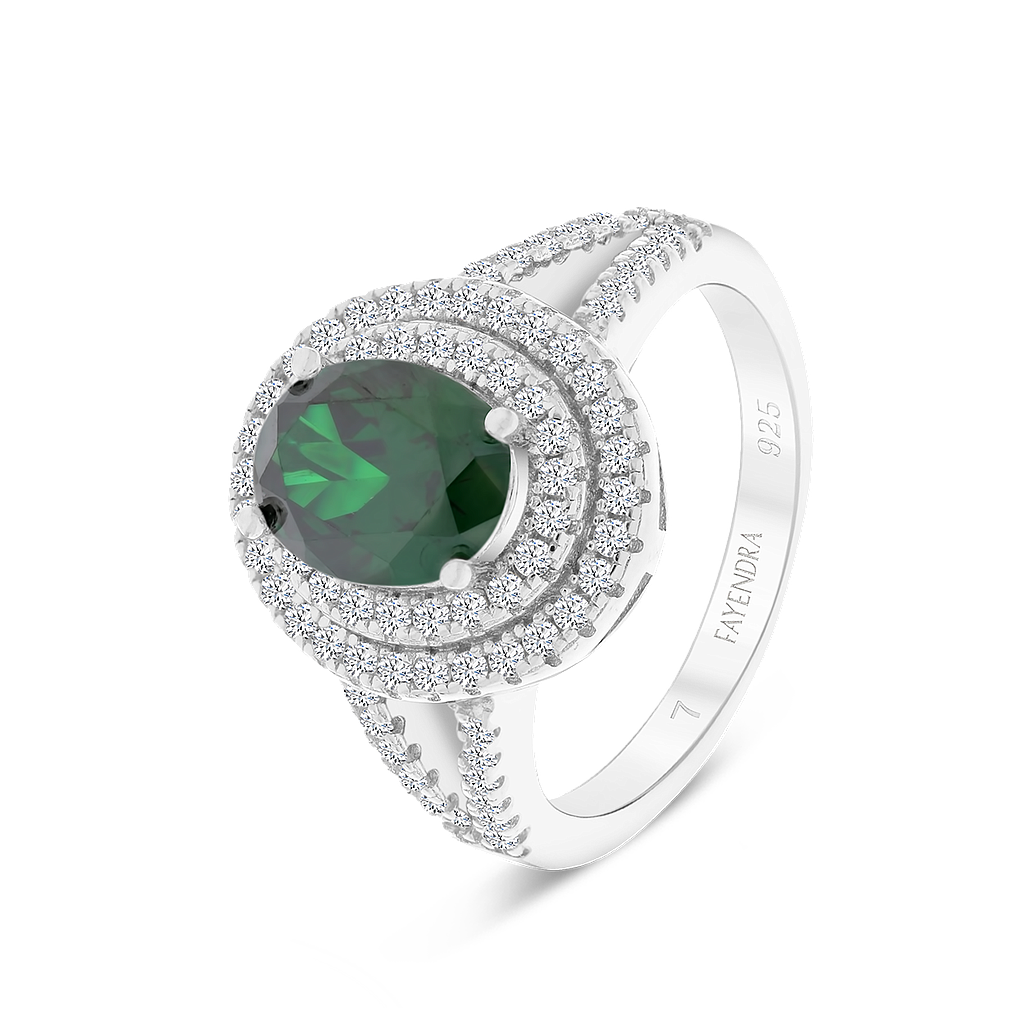 Sterling Silver 925 Ring Rhodium Plated Embedded With Emerald