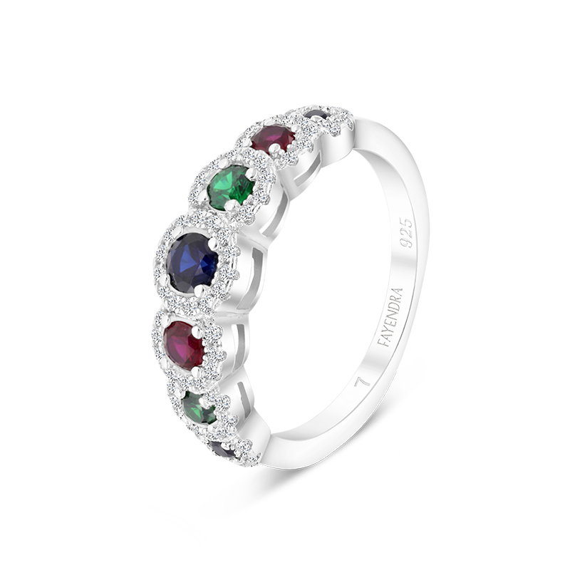 Sterling Silver 925 Ring Rhodium Plated Sapphire Corundum , Ruby Corundum , Emerald Zircon