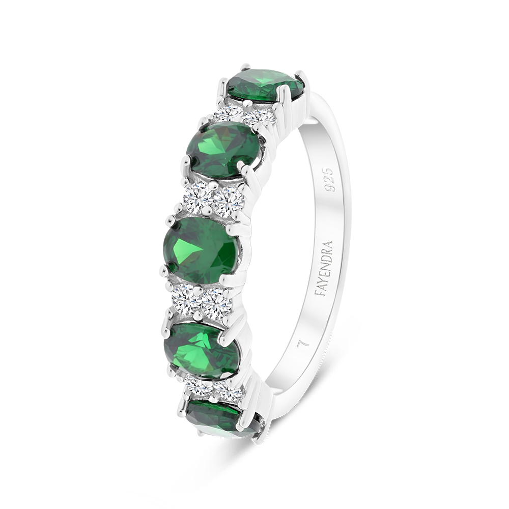 Sterling Silver 925 Ring Rhodium Plated Embedded With Emerald