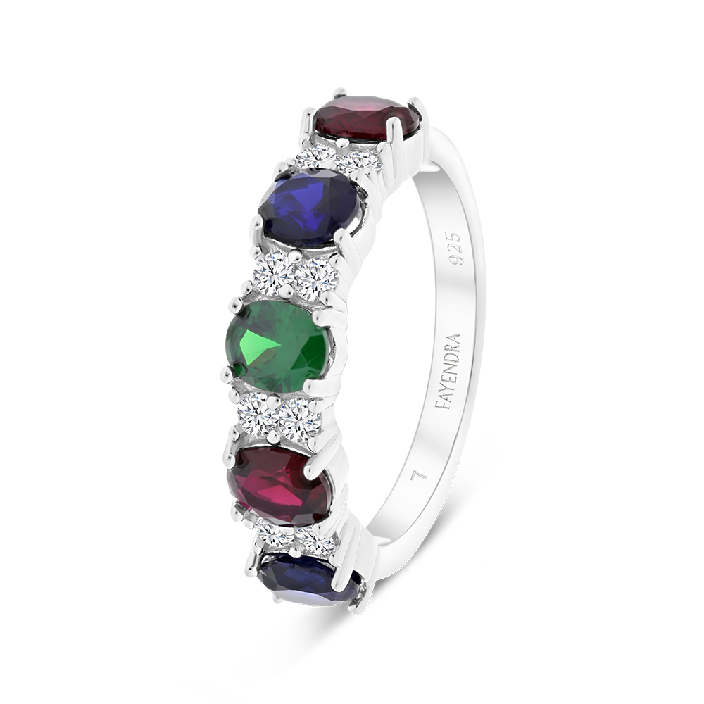 Sterling Silver 925 Ring Rhodium Plated Sapphire Corundum , Ruby Corundum , Emerald Zircon