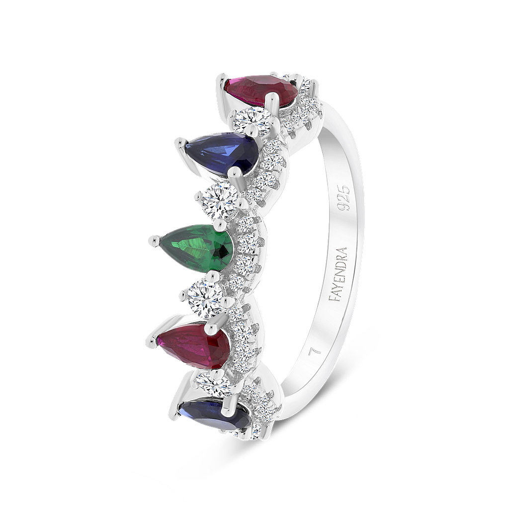 Sterling Silver 925 Ring Rhodium Plated Sapphire Corundum , Ruby Corundum , Emerald Zircon